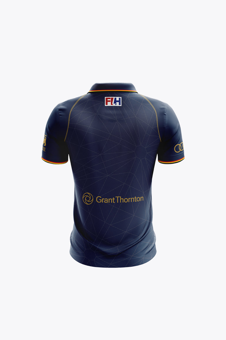 Kids navy polo jersey back view with FLH logo and sponsor text, yellow-trim shoulders