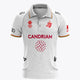 White women's Belgium polo jersey, front view with red sponsor and team crest