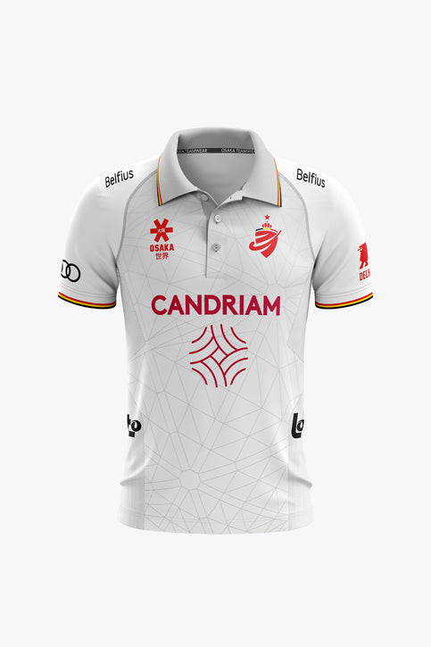 Official Belgium Men Polo Jersey 2026 Edition | White White men’s polo jersey with red sponsor print, geometric pattern, and orange-trim sleeves