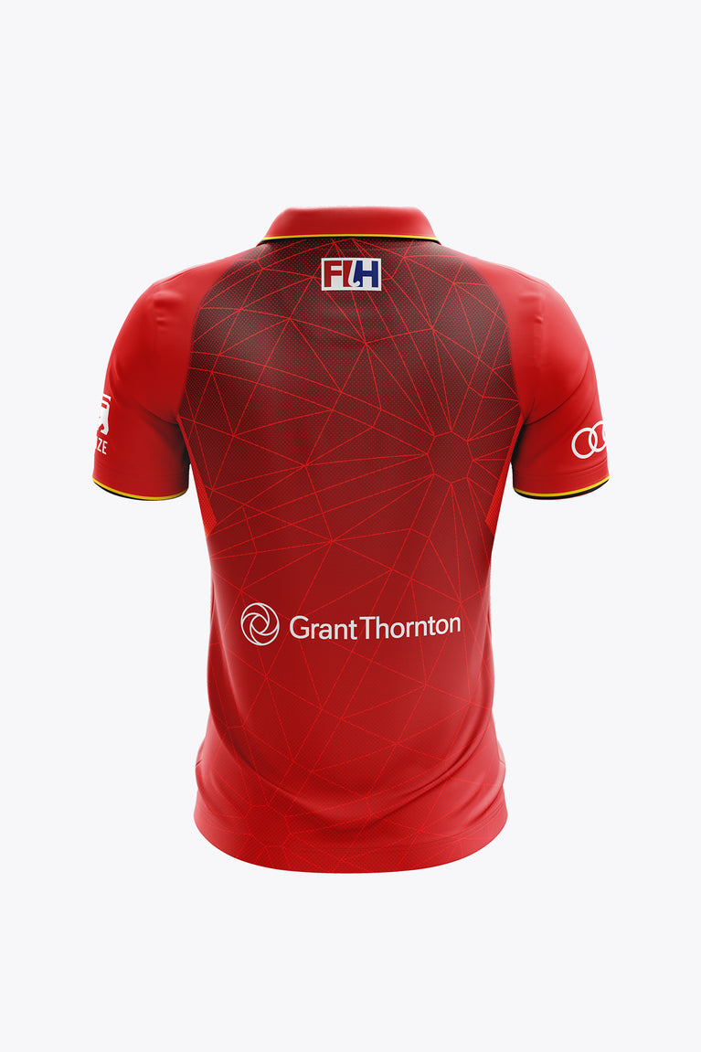 Men's red polo jersey with collar, back logos and geometric pattern; Grant Thornton