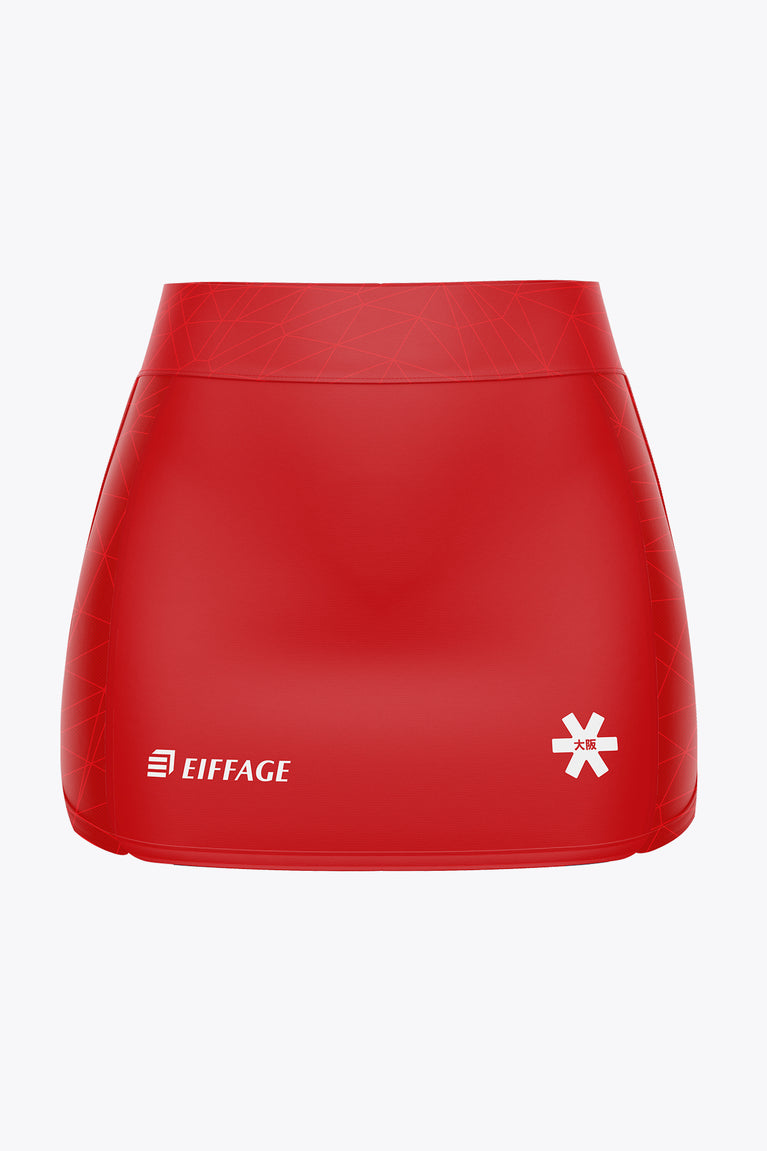 Red women's athletic skort with wide waistband and EIFFAGE logo on front