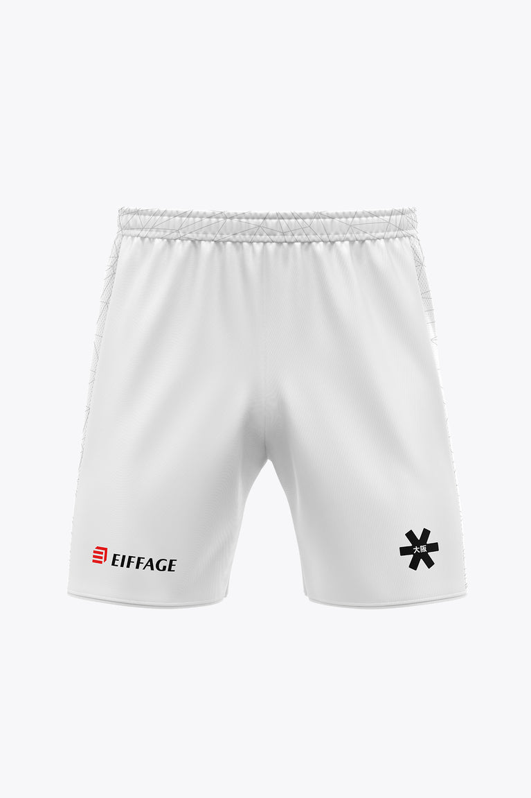 White soccer shorts with elastic waistband and team logos at hem