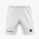 White soccer shorts with elastic waistband and team logos at hem