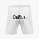 White soccer shorts with Belfius text on back and elastic waistband