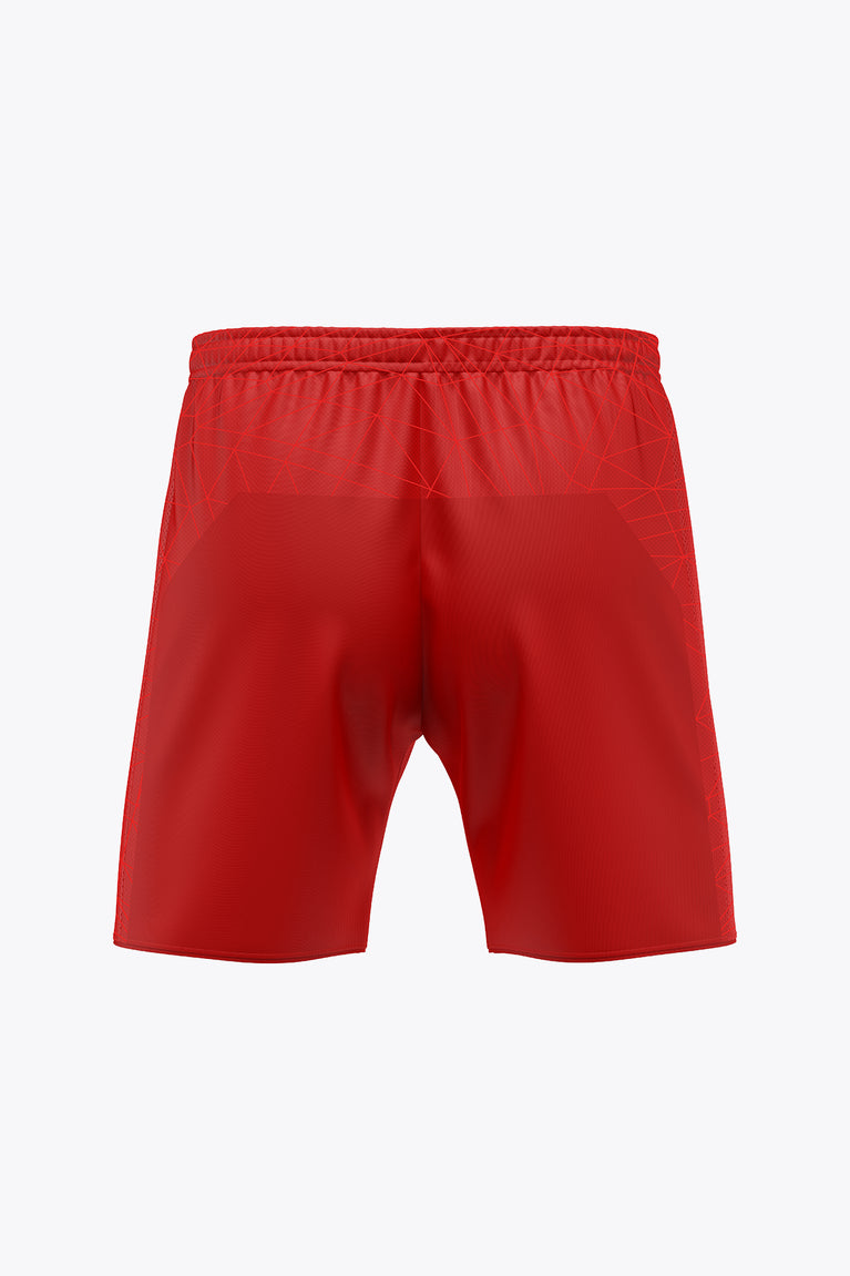 Red men’s athletic shorts with elastic waistband, plain back view