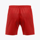 Red men’s athletic shorts with elastic waistband, plain back view