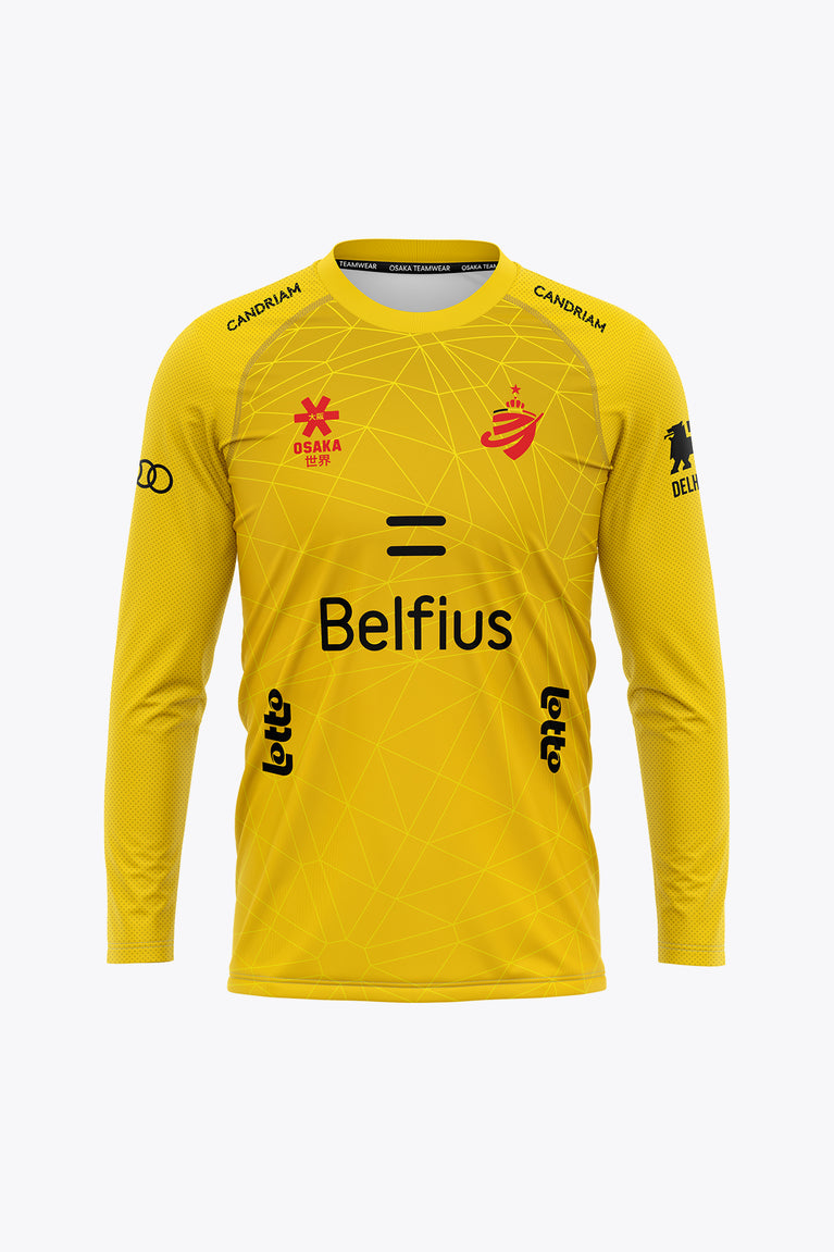 Women's yellow goalkeeper long-sleeve jersey with crew neck and front sponsor graphics