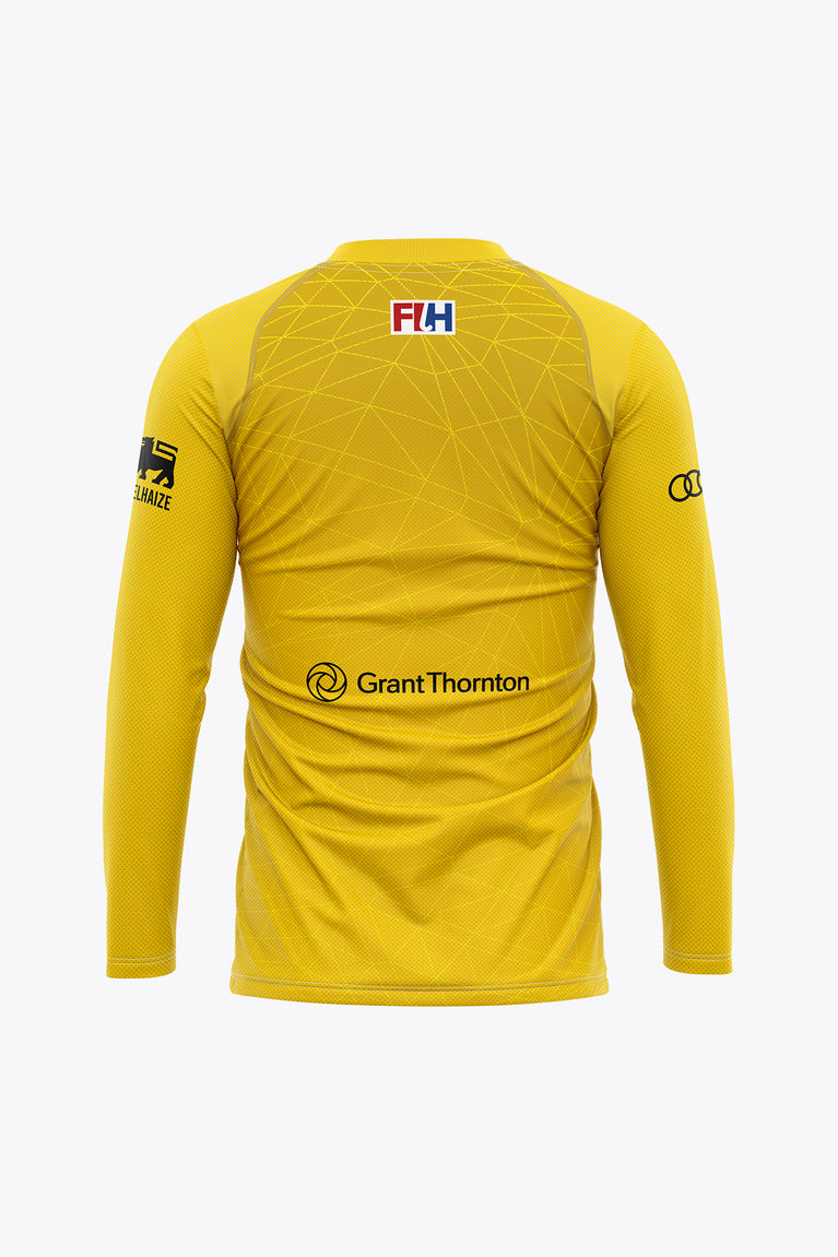 Women's yellow goalkeeper long-sleeve jersey, back view with sponsor logo and patterned print
