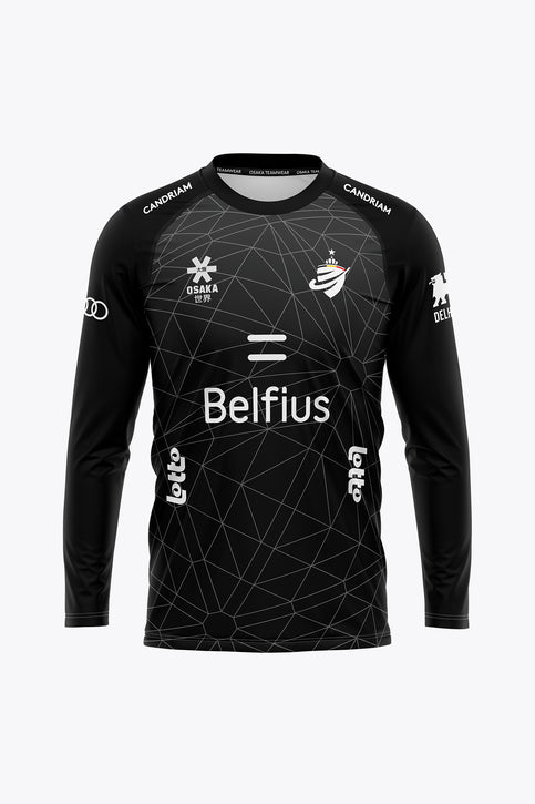 Official Belgium Goal Keeper Tee Long Sleeves 2026 Edition - Women | Black Women’s black goalkeeper long-sleeve tee with geometric pattern and Belfius logo