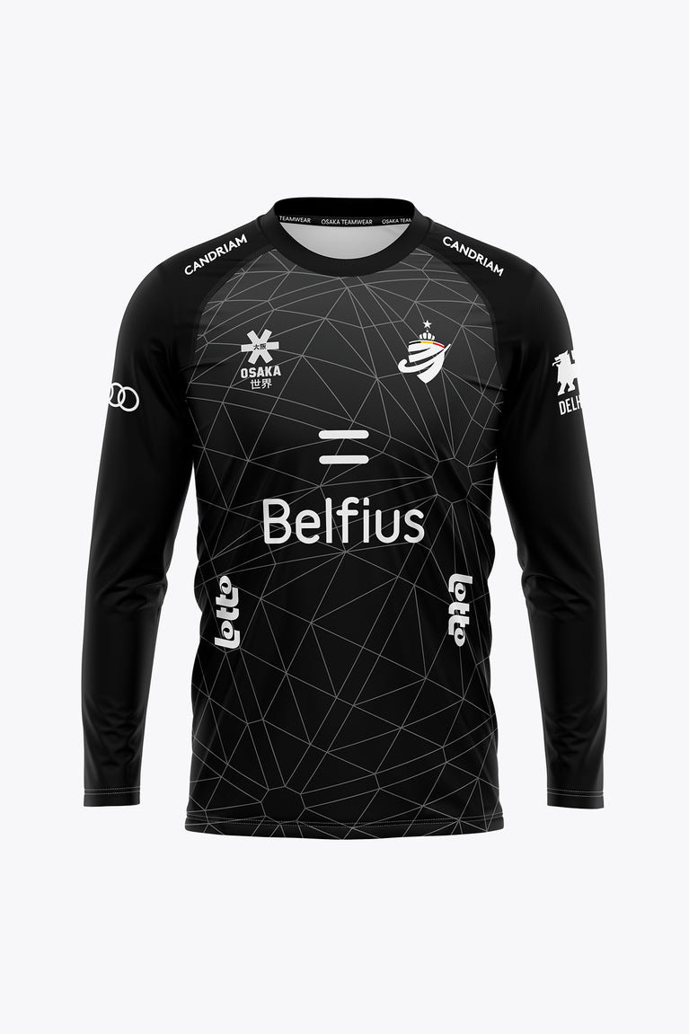 Women’s black goalkeeper long-sleeve tee with geometric pattern and Belfius logo