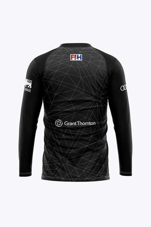Official Belgium Goal Keeper Tee Long Sleeves 2026 Edition - Women | Black Women’s black goalkeeper long-sleeve tee with geometric pattern and Belfius logo