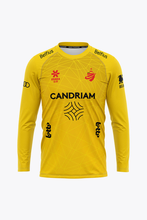 Official Belgium Goal Keeper Tee Long Sleeves 2026 Edition - Men | Yellow Yellow goalkeeper long-sleeve jersey with front sponsor logos and team crest