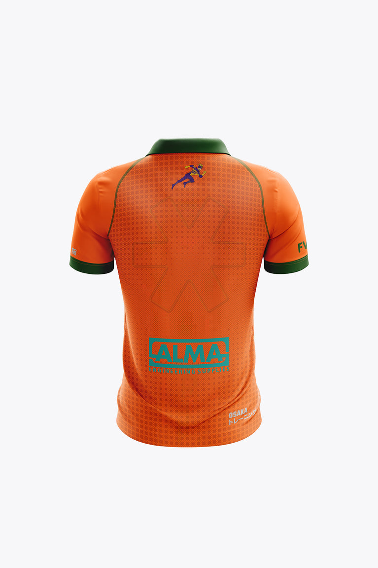 Kids orange polo jersey back view with green collar trim and large sponsor graphic