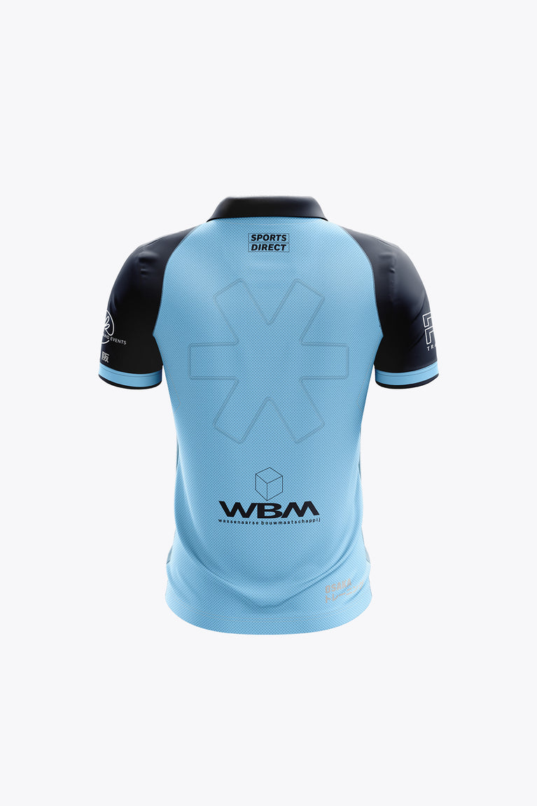 Kids polo jersey back view, light blue with navy sleeve trim, WBNA logo and geometric marks