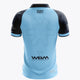 Men's light blue polo jersey with dark navy sleeves and back logos