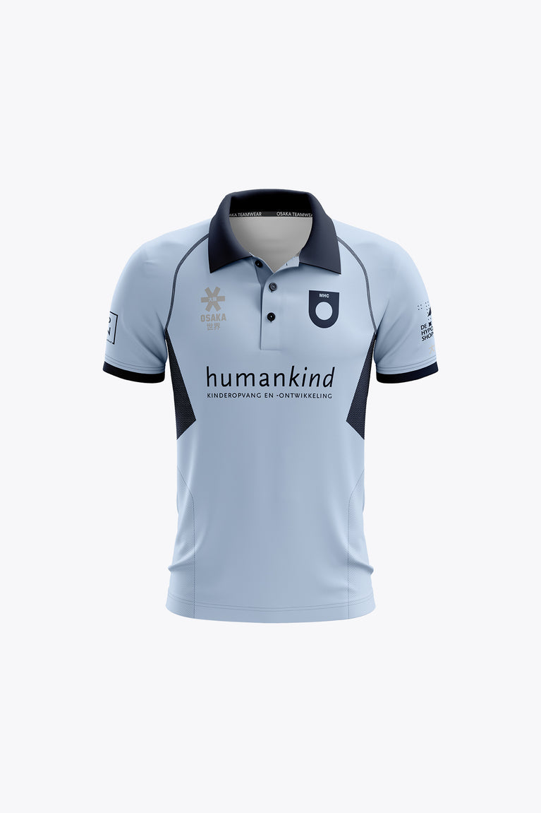 Kids sky blue polo jersey with black collar and trim, front button placket