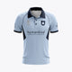 Kids sky blue polo jersey with black collar and trim, front button placket