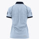 Women’s sky blue polo jersey, navy-trimmed collar and sleeves, back graphic and logo
