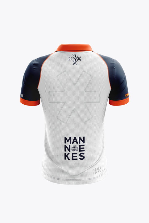 MHC Tempo Women Polo Jersey | White Women's white polo jersey with orange collar and navy sleeves, front button placket, logo