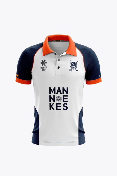 MHC Tempo Men Polo Jersey | White Men's white polo jersey with orange collar, navy sleeves, front crest and printed logo