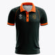 Dark green polo jersey with orange collar and sleeve trim, front logos