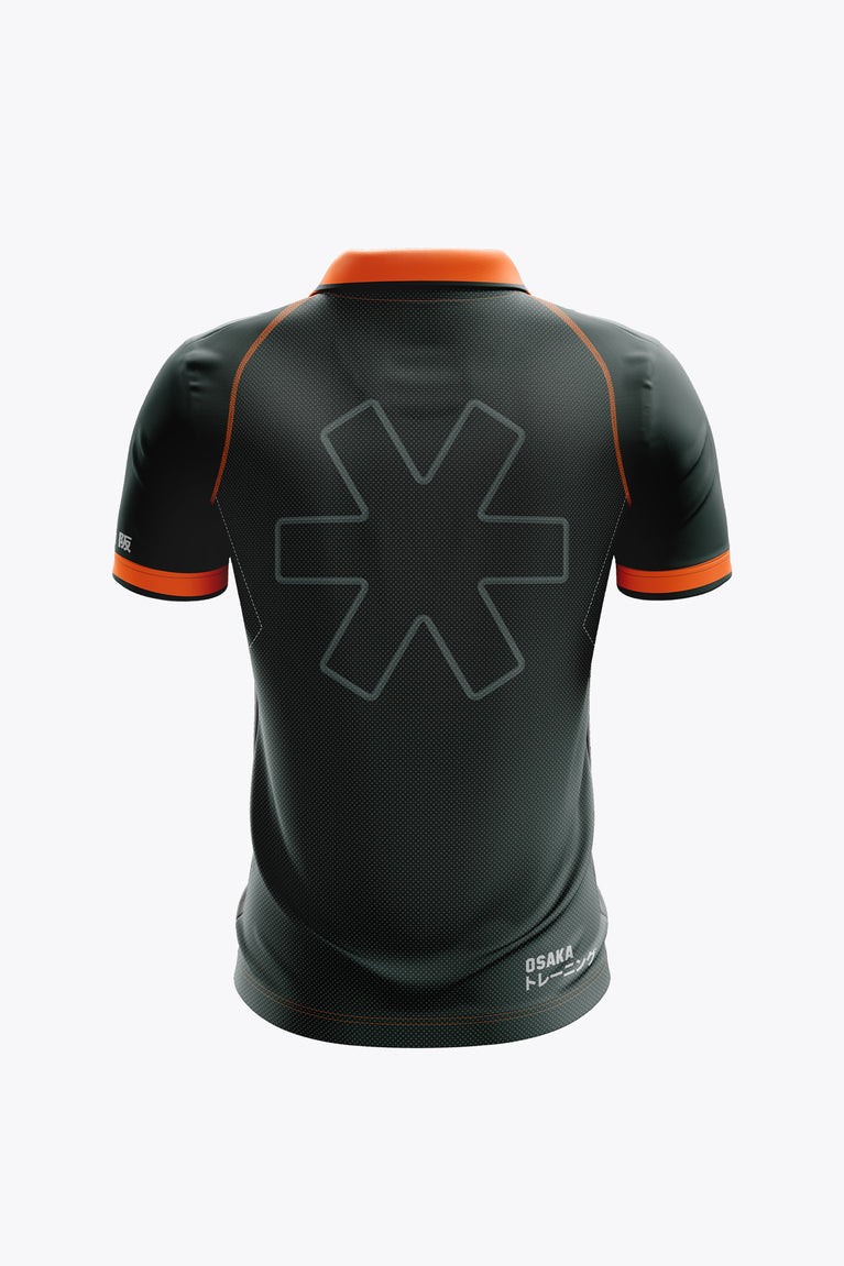 Dark green polo jersey back with large grey star graphic, orange collar and trim