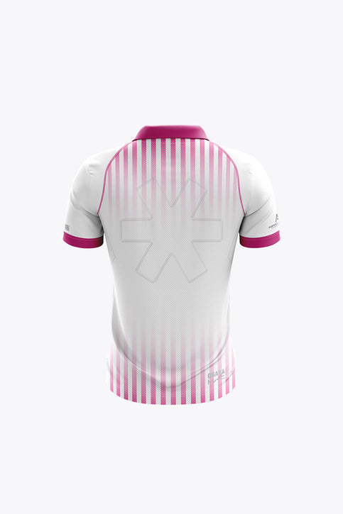 HC Chessy Kids Polo Jersey | White Kids white polo jersey with pink collar, pink sleeve trim, striped front