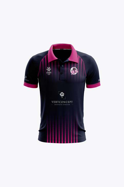 HC Chessy Kids Polo Jersey | Navy Kids navy polo shirt with magenta collar, placket, and vertical stripe pattern
