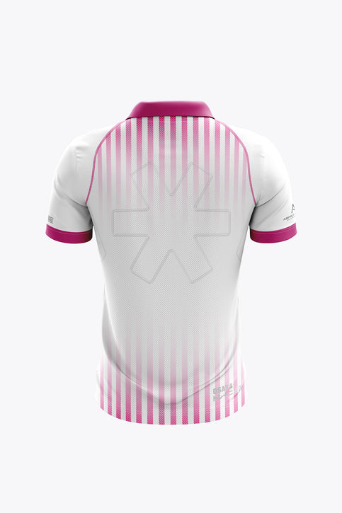 HC Chessy Women Polo Jersey | White Women's HC Chessy polo jersey in white with pink vertical stripes, magenta collar