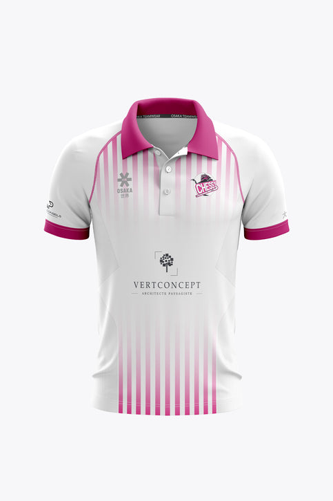 HC Chessy Men Polo Jersey | White Men's white polo jersey with pink collar and striped front, short sleeves, chest logos