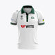 De Hopbel kids polo jersey in white with green collar, striped cuffs, and front logos.