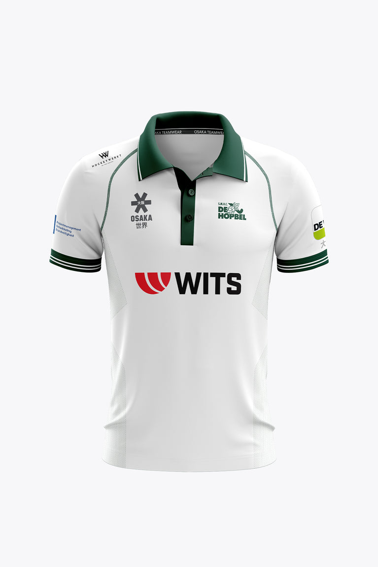 Women's white polo jersey with green collar, button placket, front team logos