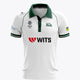 Women's white polo jersey with green collar, button placket, front team logos
