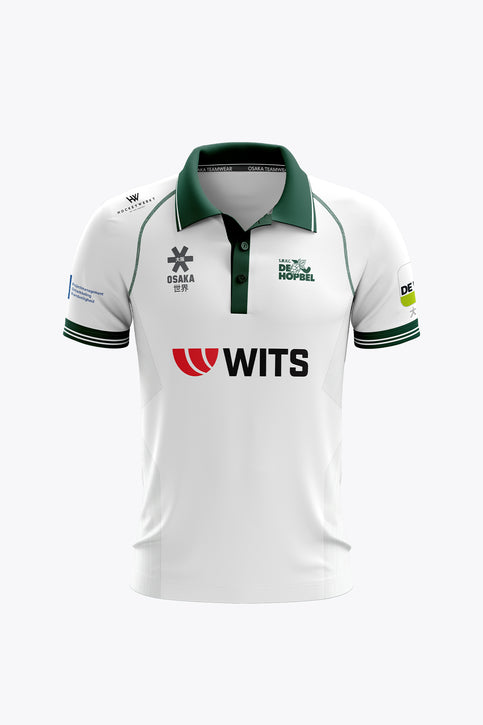 De Hopbel Men Polo Jersey - White Men's white polo jersey with green collar and button placket, short sleeves with logos