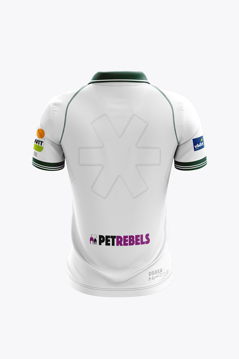 De Hopbel Men Polo Jersey - White Men's white polo jersey with green collar and button placket, short sleeves with logos