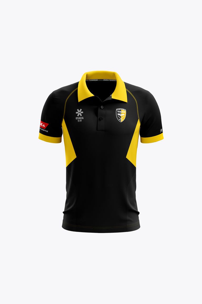 Kids' black polo jersey with yellow collar, sleeve trim, and front crest