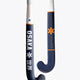 White and dark blue hockey stick shaft with orange symbol marks and curved blade