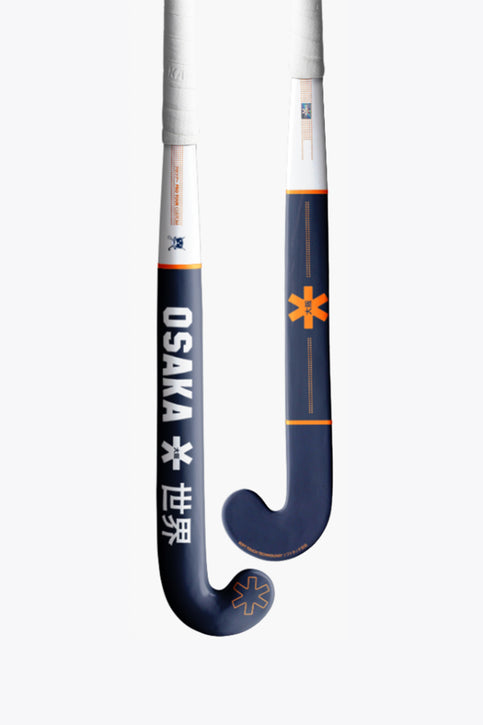 Osaka Custom Pro - Osaka x MHLC Tempo Hockey Stick White and dark blue hockey stick shaft with orange symbol marks and curved blade