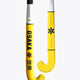 Hockey stick with yellow hooked blade and white shaft, end-to-end view