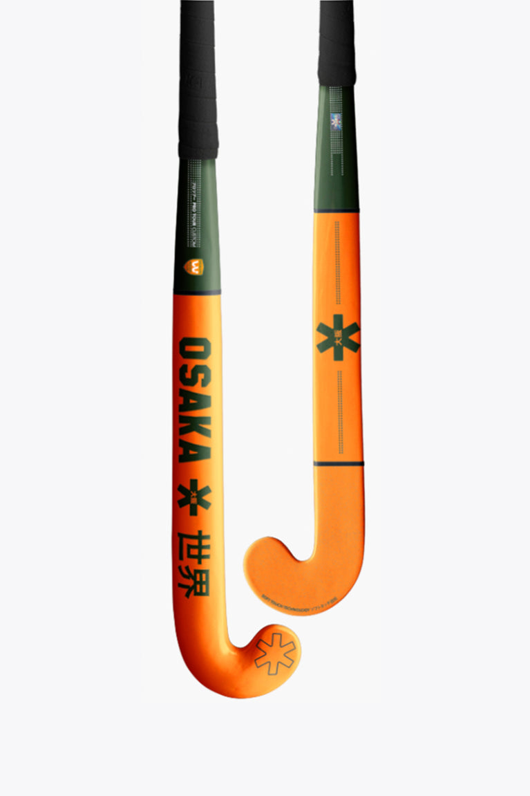 Orange curved blade and green shaft ice hockey stick with star decals