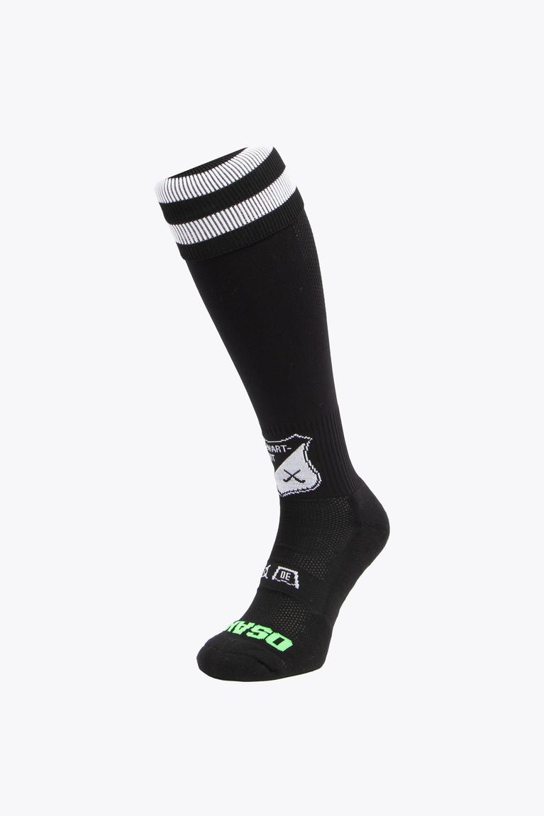 HC Zwart Wit Field Hockey Socks with Osaka logo in green. Front view