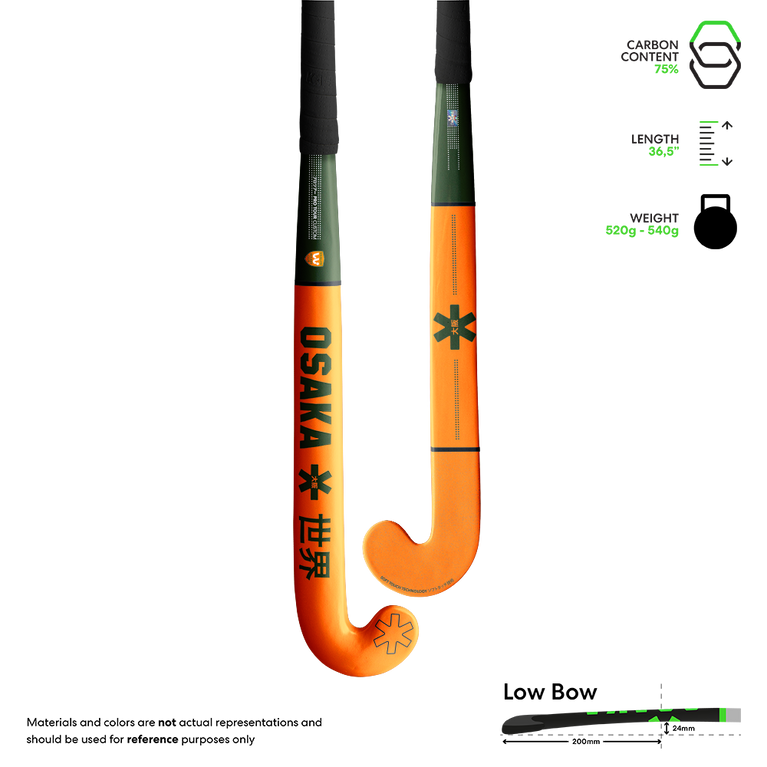 Orange ice hockey stick with green shaft and black grip, curved blade tip