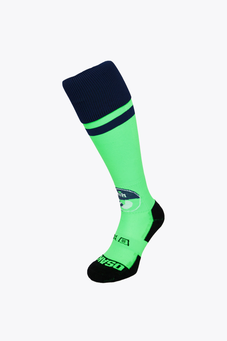 Hoegaarden Field Hockey Socks in navy and green with Osaka logo in green. Front view