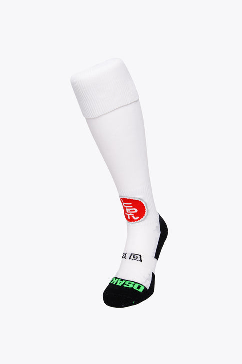 CD Terrassa Field Hockey Socks - White CD Terrassa Field Hockey Socks in white with Osaka logo in green. Front view