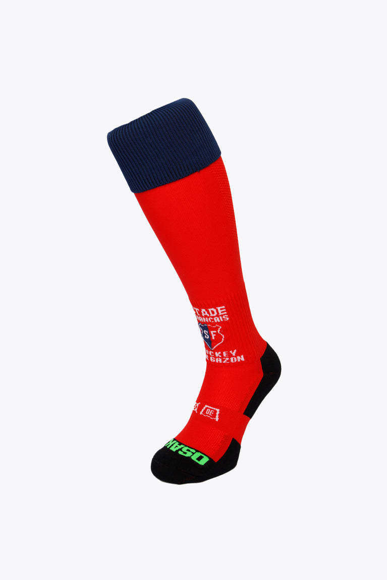 Stade Français Field Hockey Socks in red with Osaka logo in green. Front view
