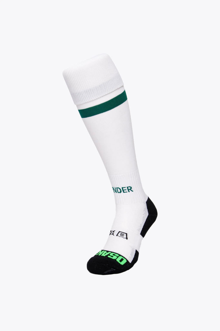 Dender Field Hockey Socks in white with Osaka logo in green. Front view