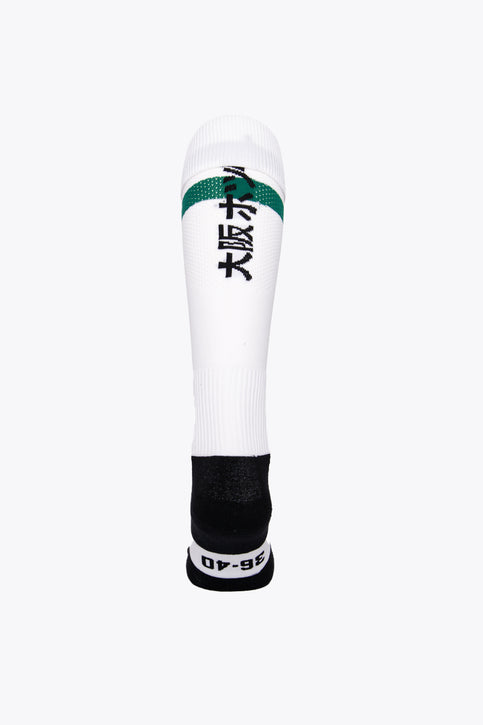 Dender Field Hockey Socks - White Dender Field Hockey Socks in white with Osaka logo in green. Front view