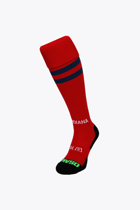 Indiana Field Hockey Socks - Red Indiana Field Hockey Socks in red with Osaka logo in green. Front view
