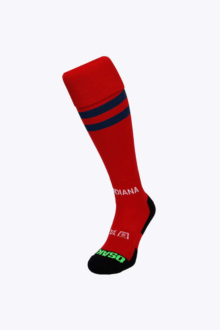 Indiana Field Hockey Socks in red with Osaka logo in green. Front view