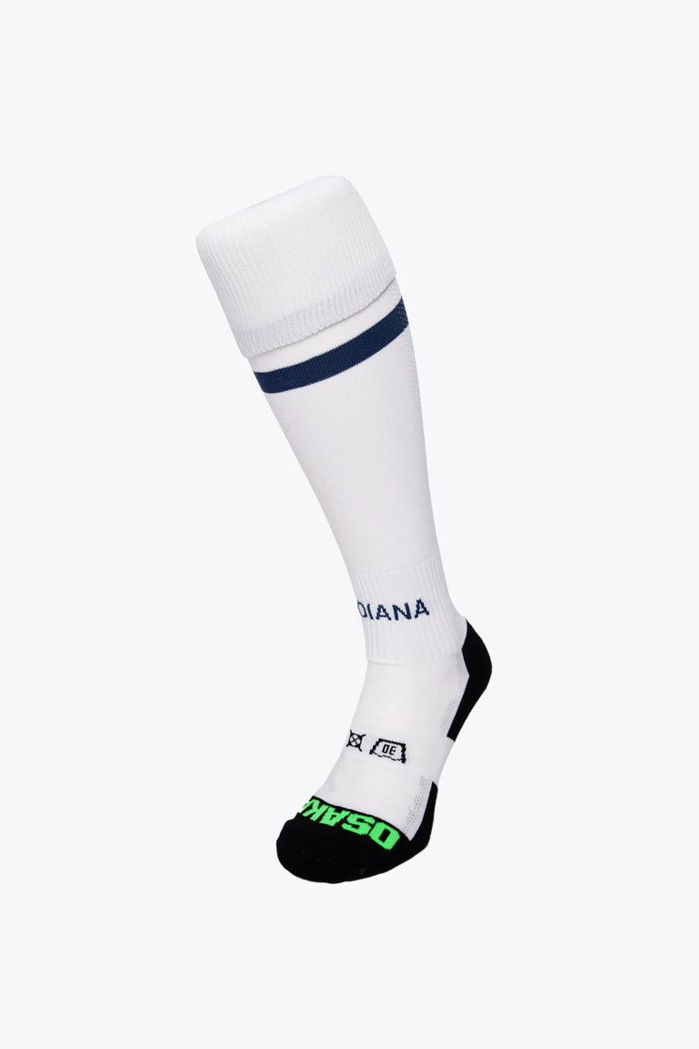 Indiana Field Hockey Socks in white with Osaka logo in green. Front view